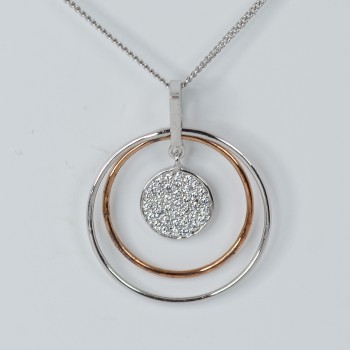 Sterling Silver CZ RoseGold Plated 3 Graduated Hoop Pendant on Sterling Silver Chain
